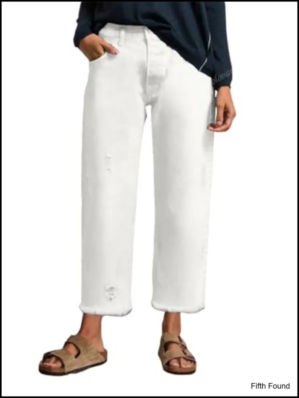 Wide Leg Stretchy Distressed Raw Hem Denim Ankle Pants with Pockets